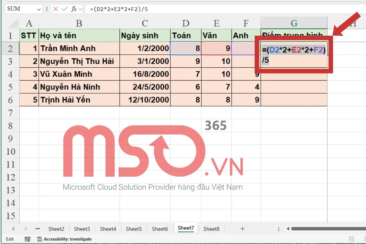 Sử dụng công thức tính điểm trung bình trong Excel có hệ số