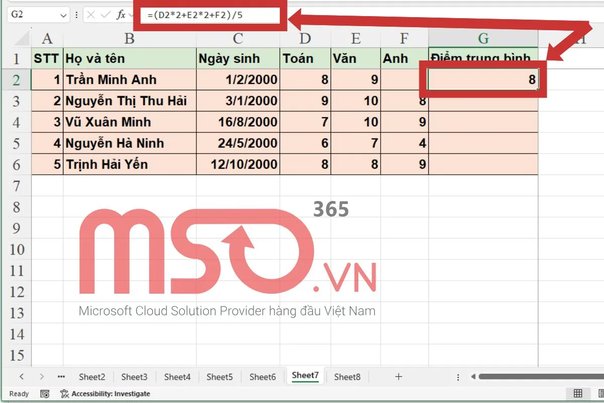 Sử dụng công thức tính điểm trung bình trong Excel có hệ số