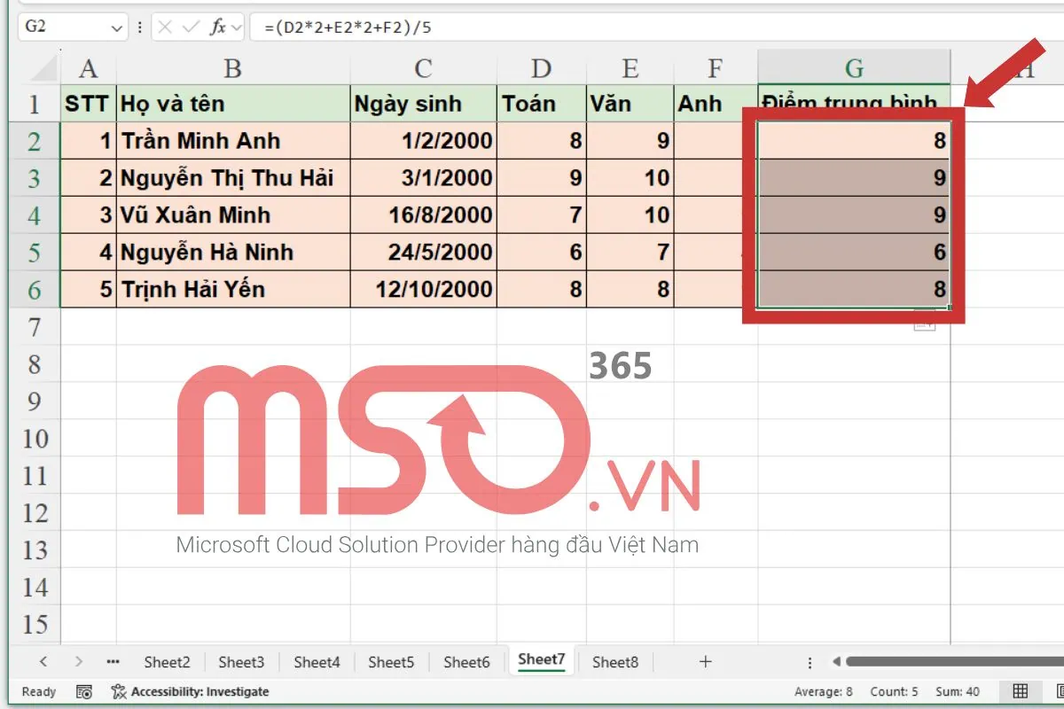 Sử dụng công thức tính điểm trung bình trong Excel có hệ số