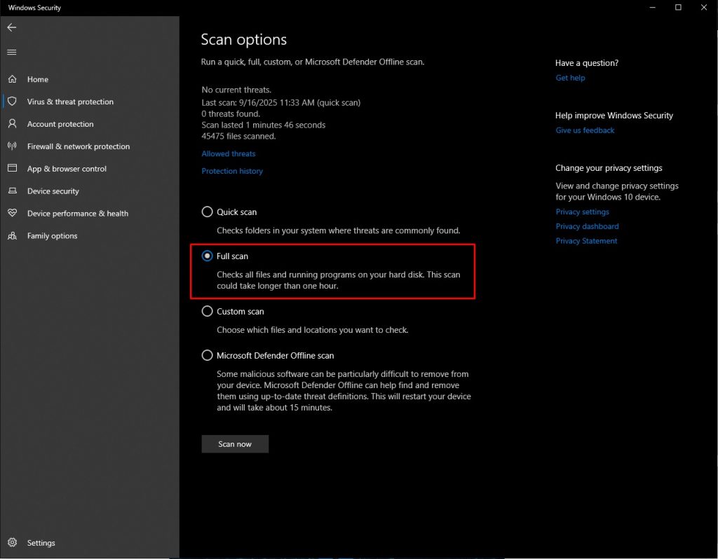 03 chế độ quét Virus trên Windows Defender