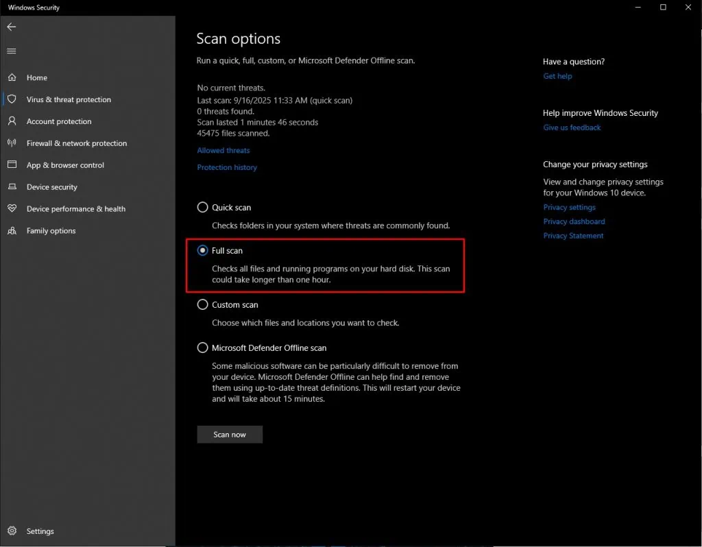 03 chế độ quét Virus trên Windows Defender