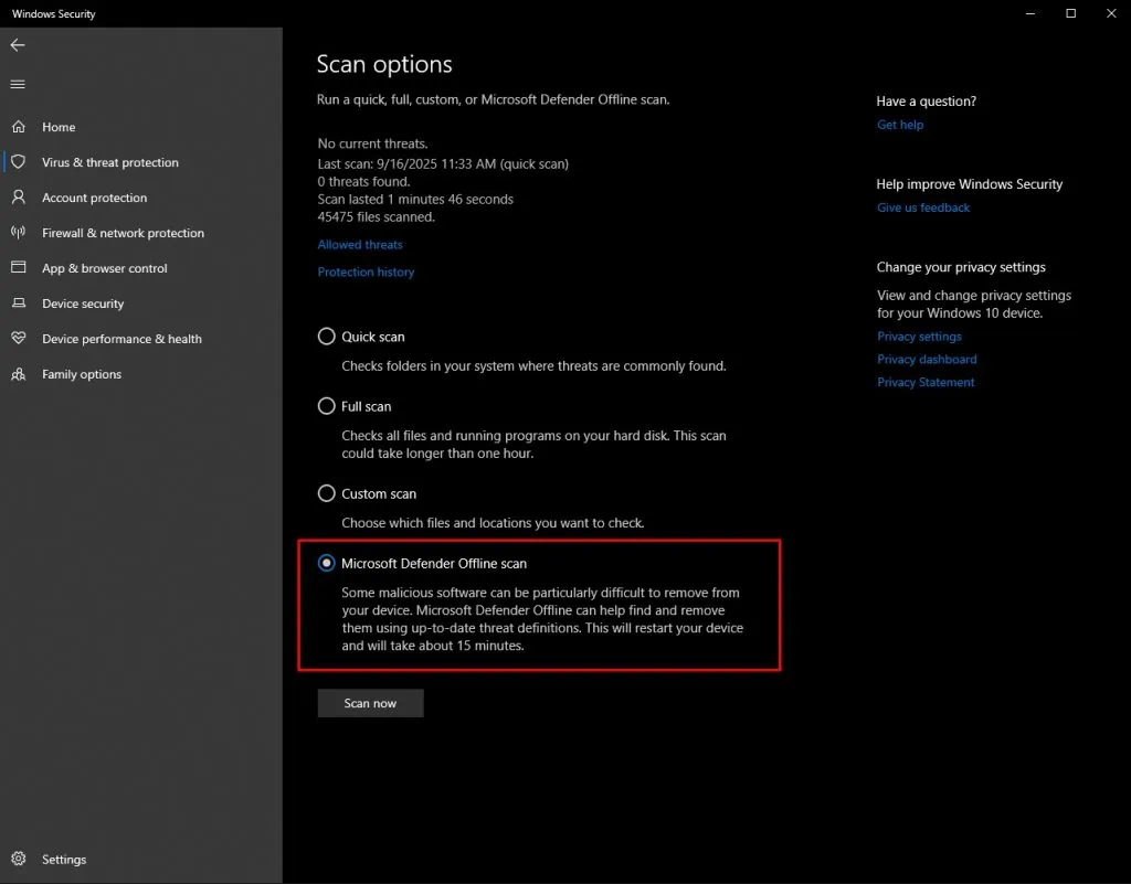 03 chế độ quét Virus trên Windows Defender
