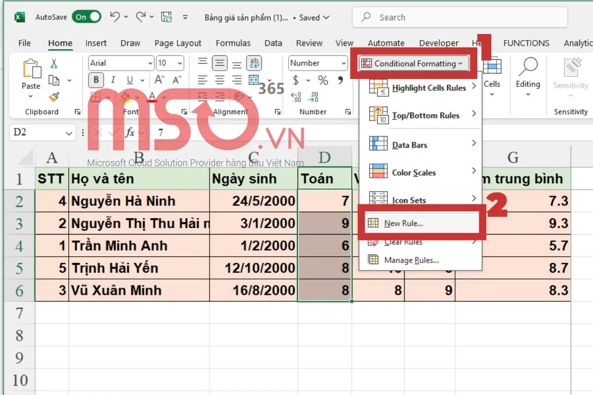 Thiết lập định dạng có điều kiện tùy chỉnh trong Excel