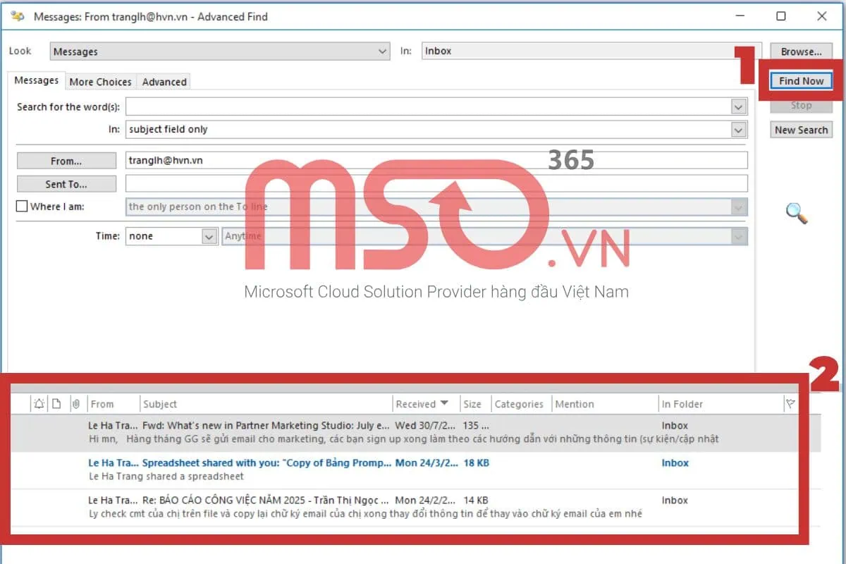 Cách tìm email theo tên người gửi trong Outlook bằng Advanced Find