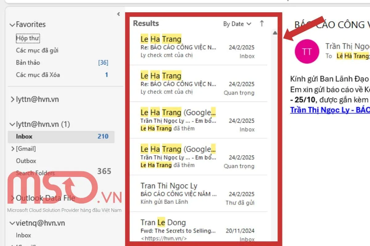 Cách tìm email theo tên người gửi trong Outlook bằng hộp Search