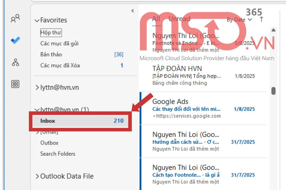 Cách tìm email theo tên người gửi trong Outlook bằng hộp Search