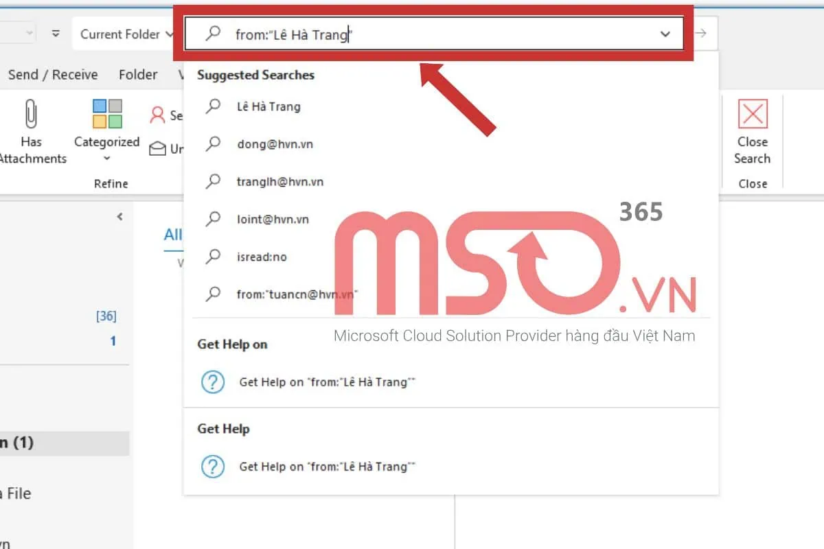 Cách tìm email theo tên người gửi trong Outlook bằng cú pháp tìm kiếm