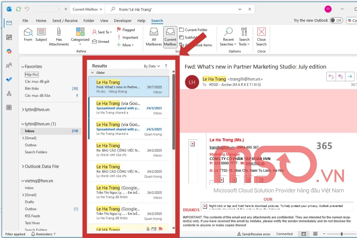 Cách tìm email theo tên người gửi trong Outlook bằng cú pháp tìm kiếm