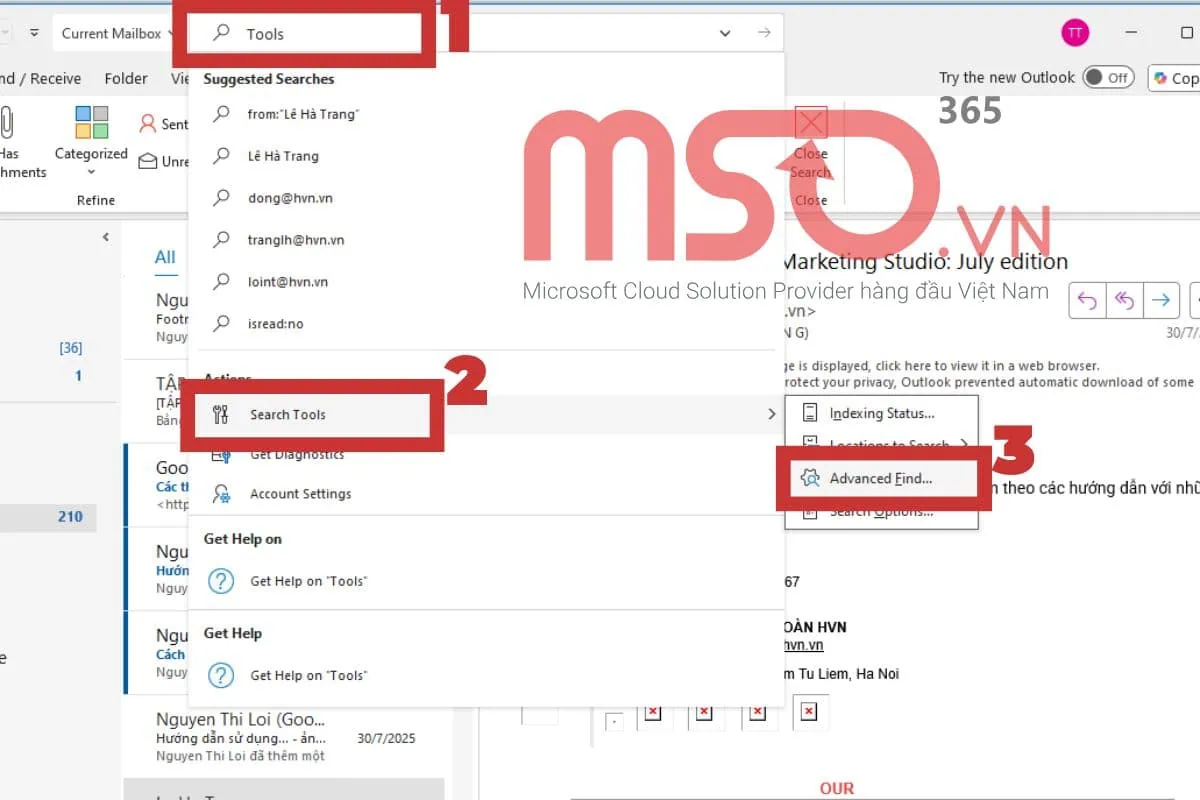 Cách tìm email theo tên người gửi trong Outlook bằng Advanced Find
