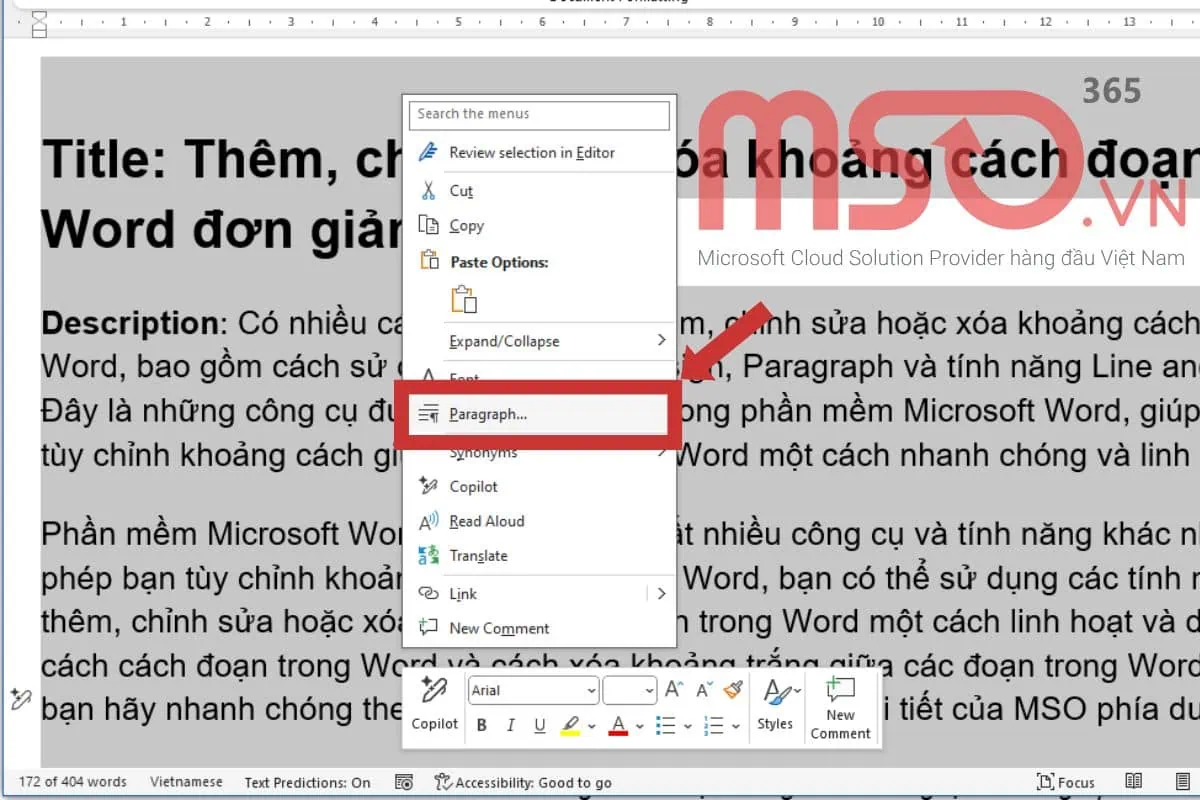 Cách chỉnh sửa khoảng cách đoạn trong Word bằng lệnh Paragraph