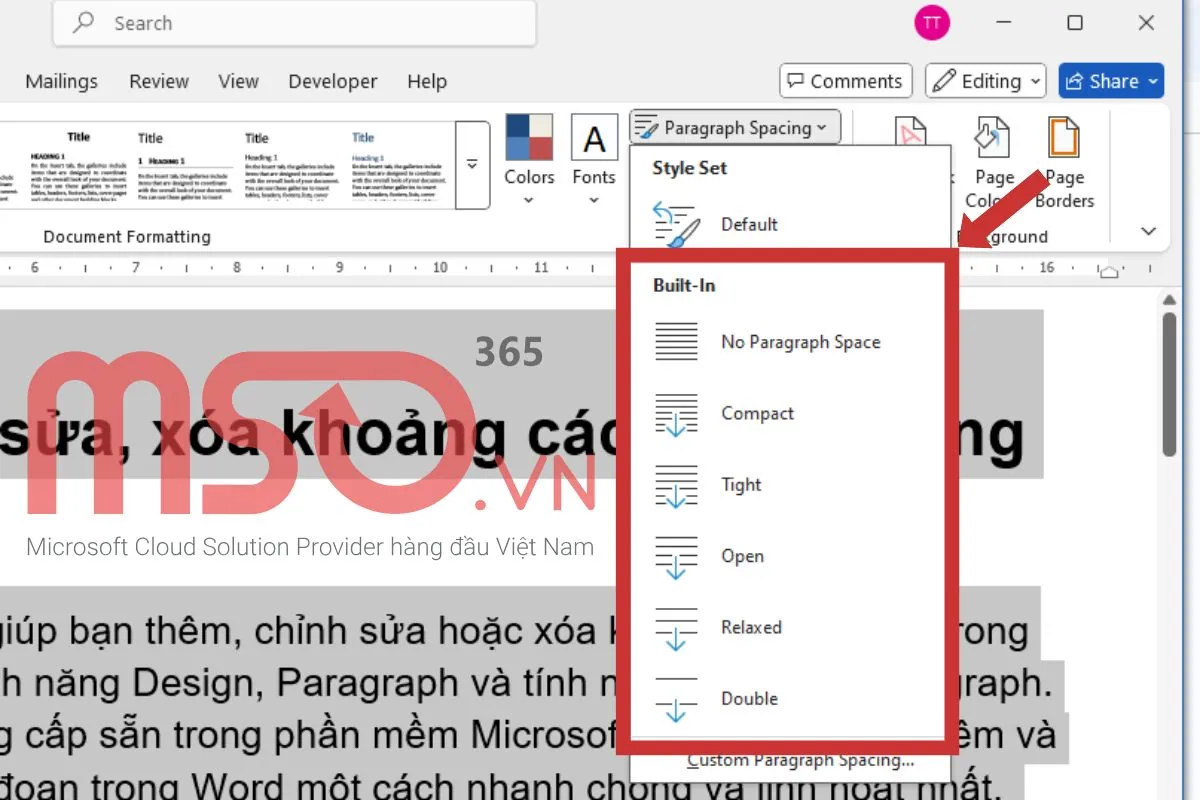 Cách chỉnh sửa khoảng cách giữa các đoạn trong Word bằng Design