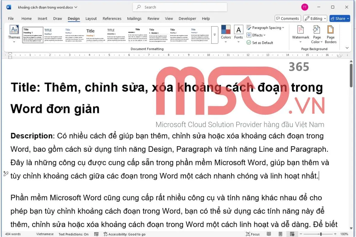 Cách chỉnh sửa khoảng cách giữa các đoạn trong Word bằng Design