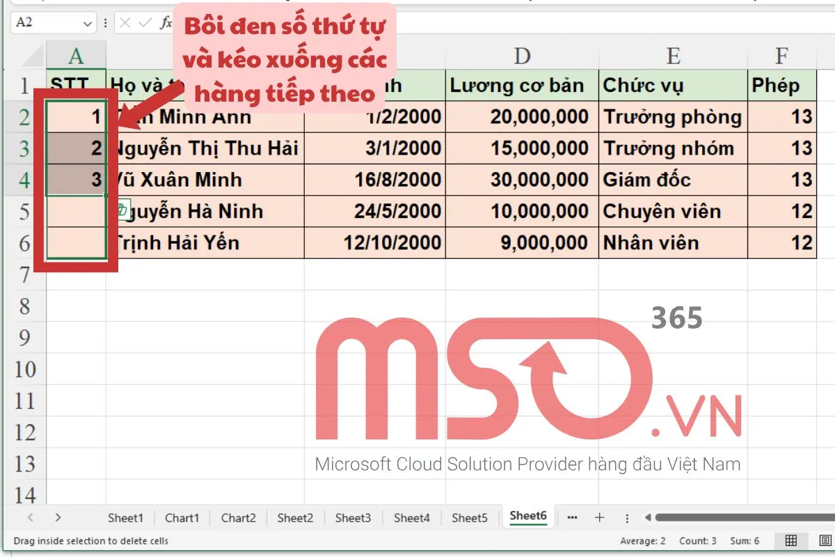 Cách đánh số thứ tự trong Excel khi xóa dòng nhanh nhất