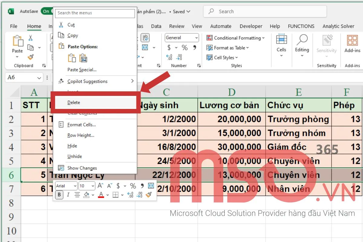 Cách đánh số thứ tự trong Excel khi xóa dòng nhanh nhất