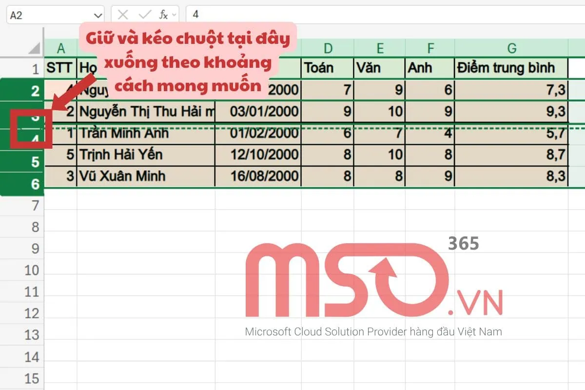 Cách giãn dòng trong Excel nhanh bằng chuột máy tính