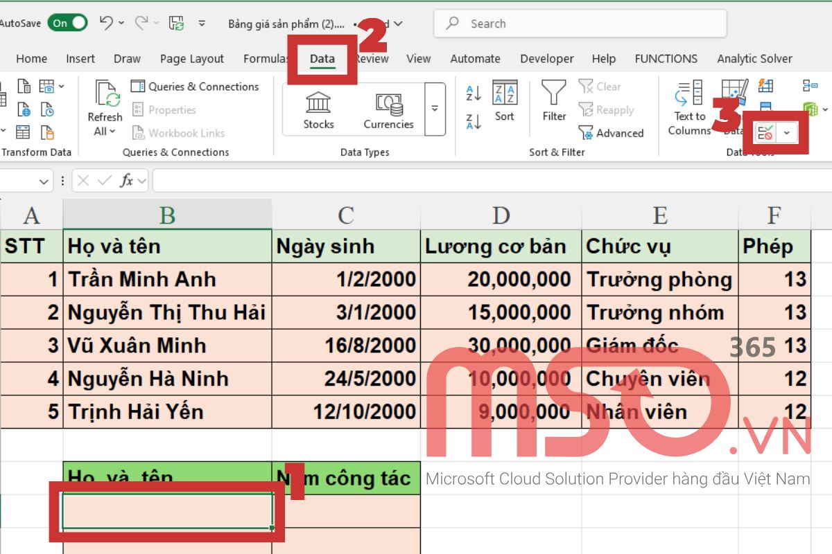Cách làm Drop List trong Excel phụ thuộc vào 1 list khác