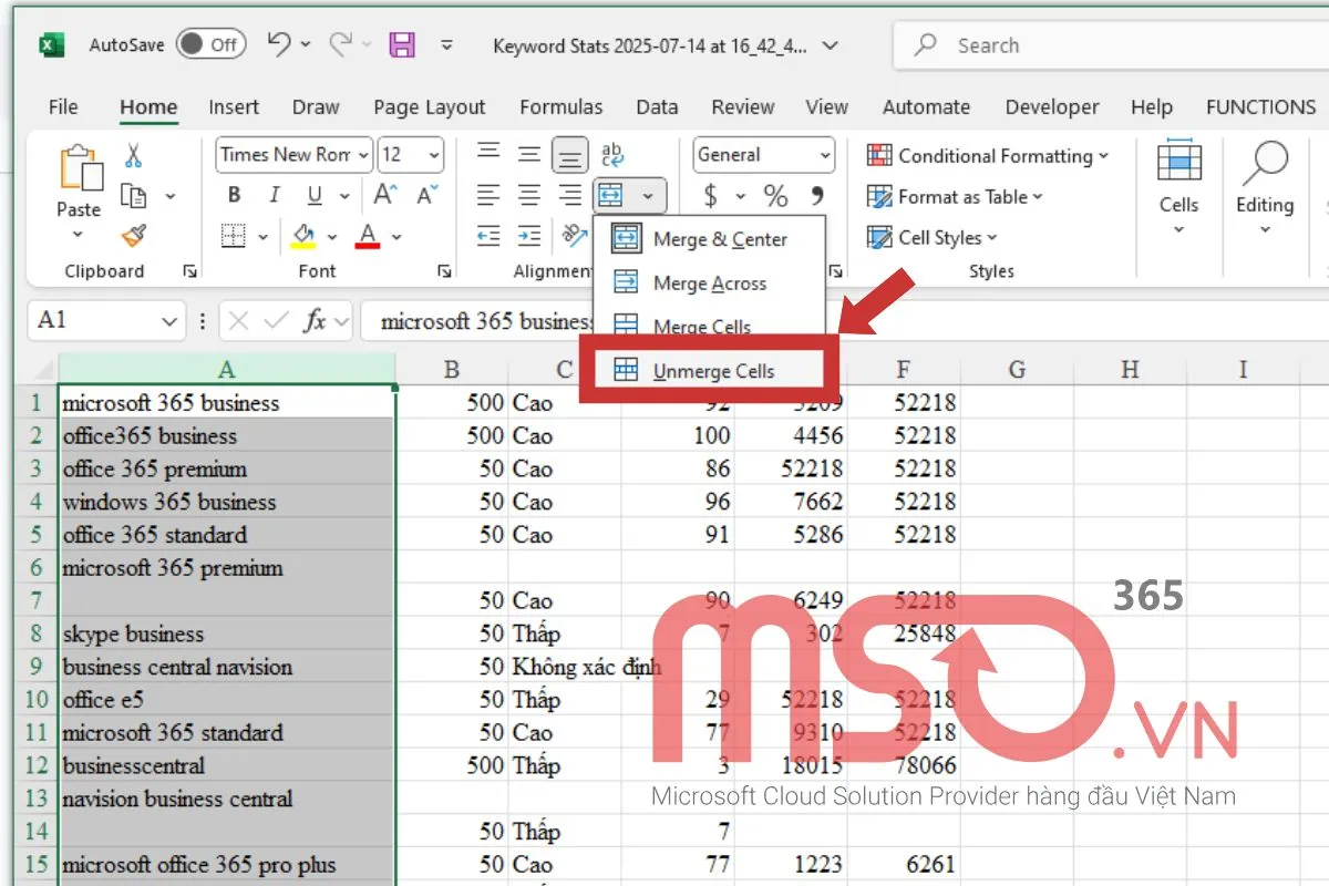 Cách Sort trong Excel có Merge bằng cách hủy hợp nhất tất cả các ô trước