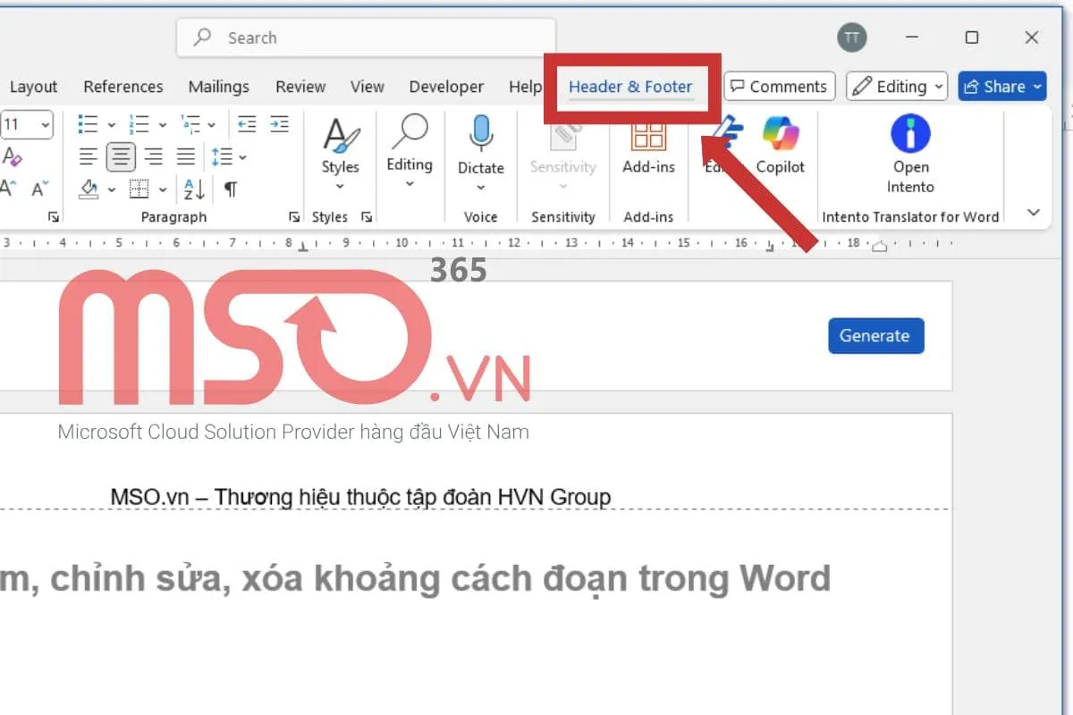 Cách thêm dòng cho Header và Footer trong Word bằng Header & Footer Tools