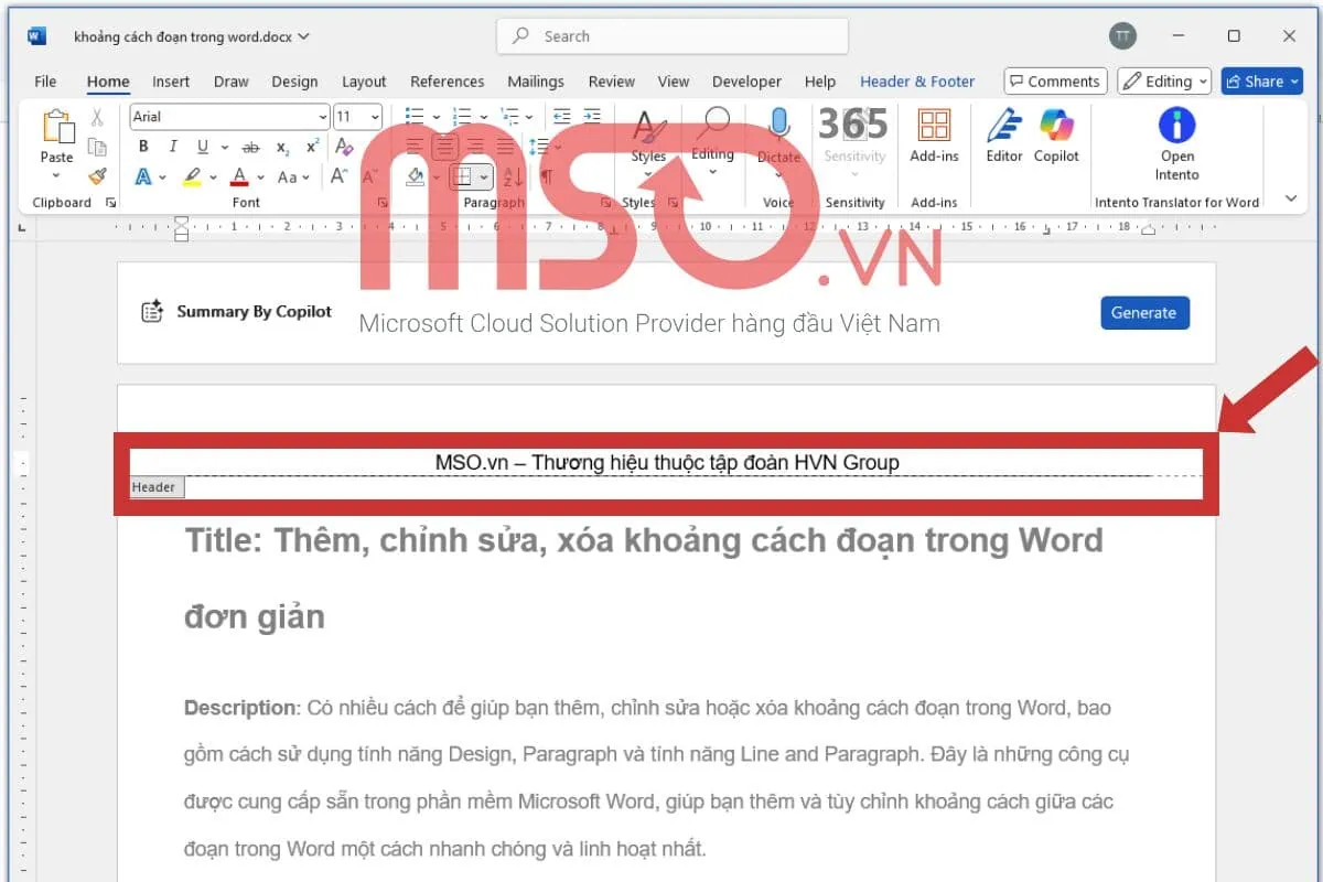 Cách thêm dòng cho Header và Footer trong Word bằng Header & Footer Tools