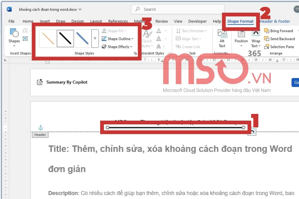 Cách thêm dòng cho Header và Footer trong Word bằng Header & Footer Tools