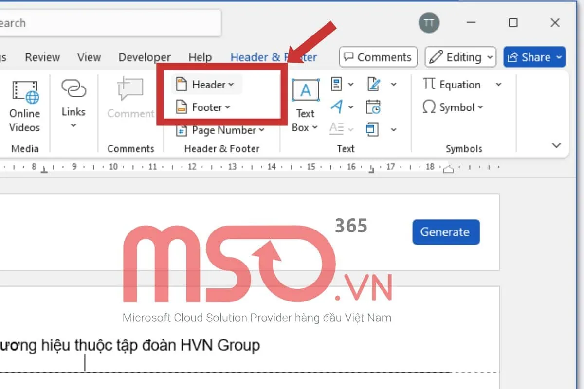 Cách thêm dòng cho Header và Footer trong Word bằng tab Insert
