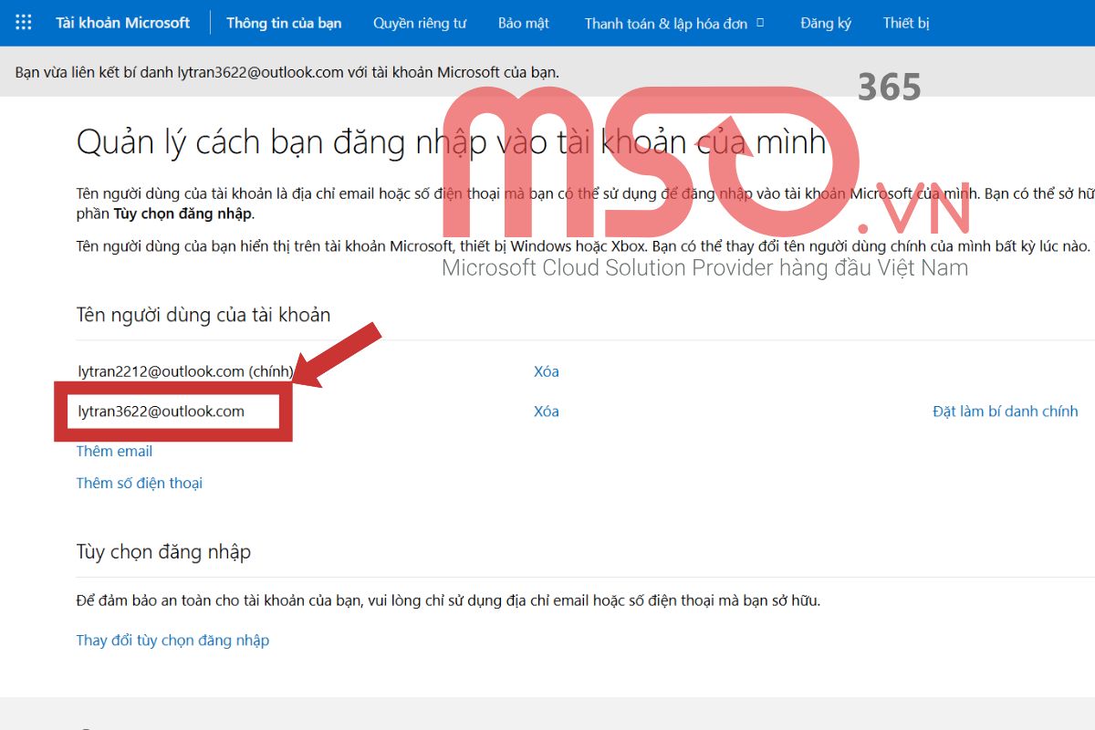 Cách thêm, thay đổi, xóa địa chỉ email tài khoản Microsoft