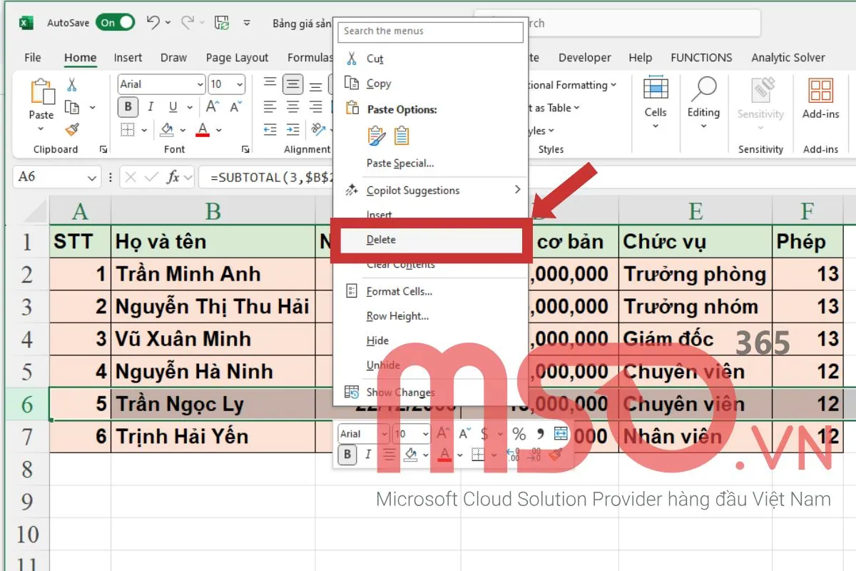 Cách tự động đánh số thứ tự trong Excel khi xóa dòng nhanh nhất