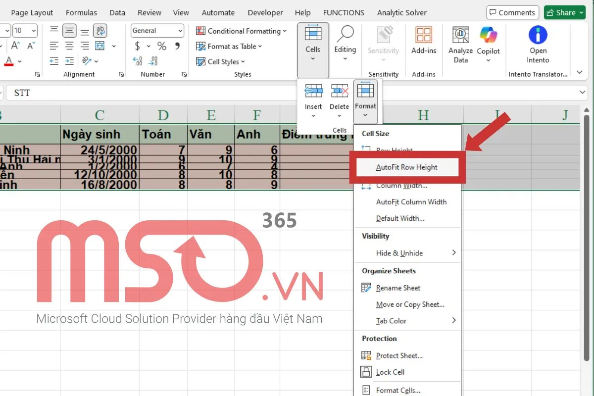 Cách tự giãn dòng trong Excel bằng tính năng AutoFit