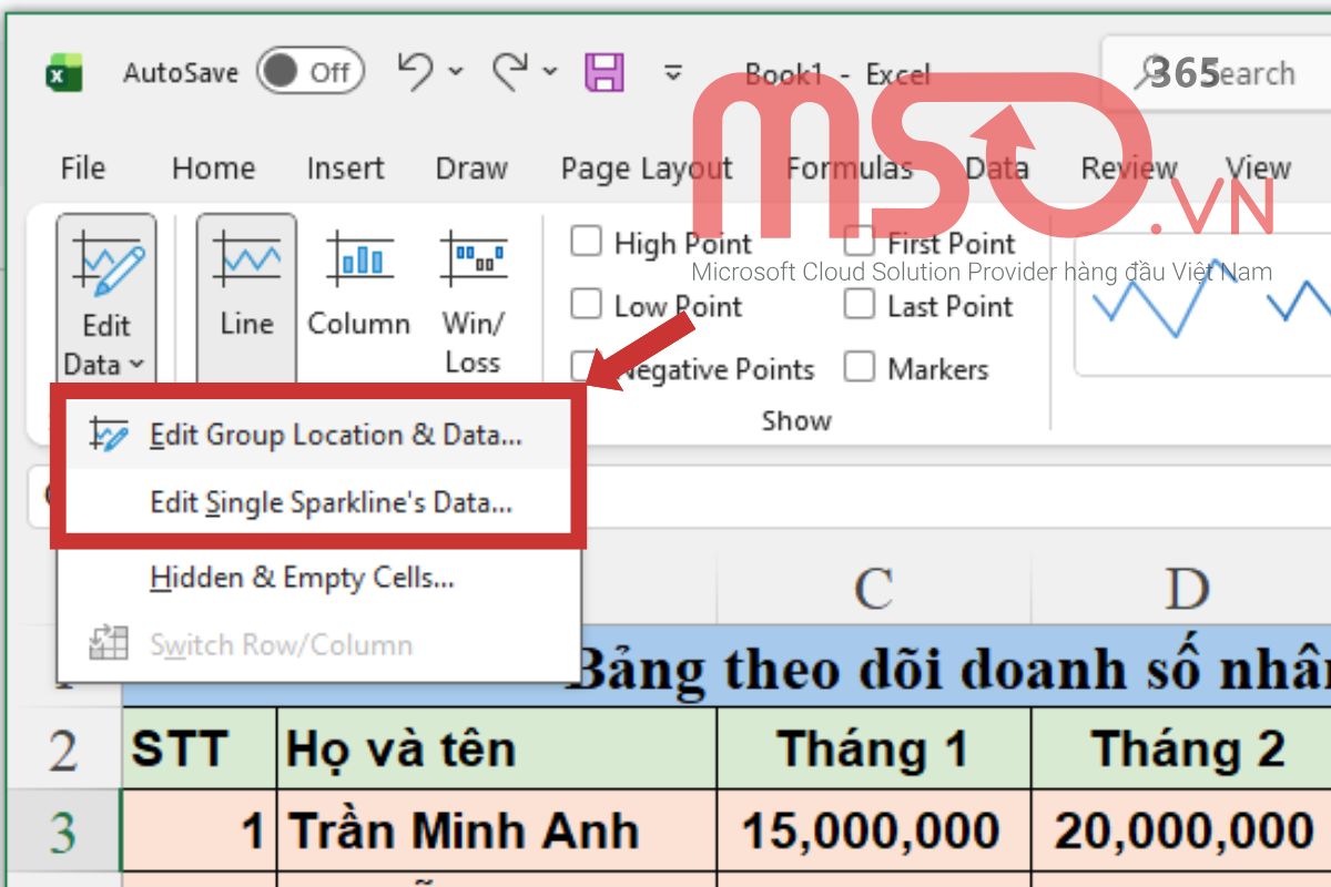 Hướng dẫn cách tùy chỉnh biểu đồ Sparklines trong Excel