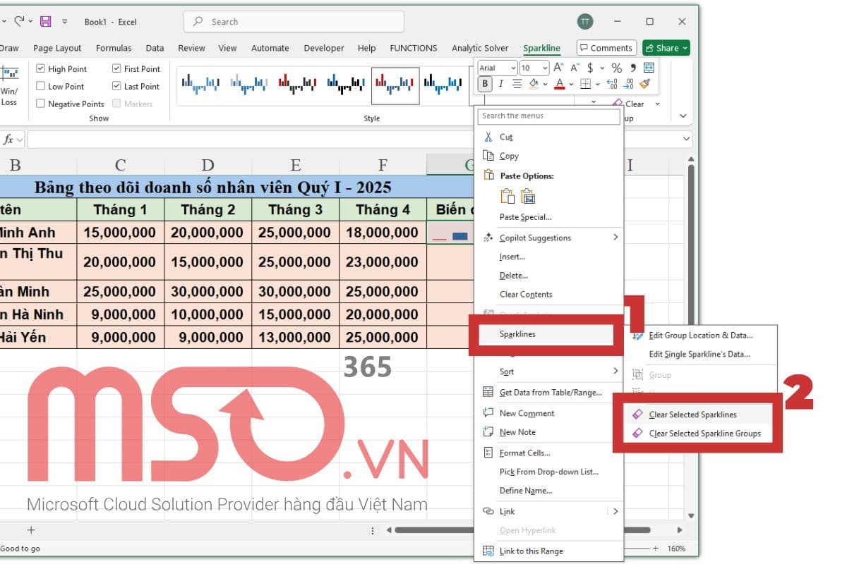 Xóa biểu đồ Sparklines trong Excel