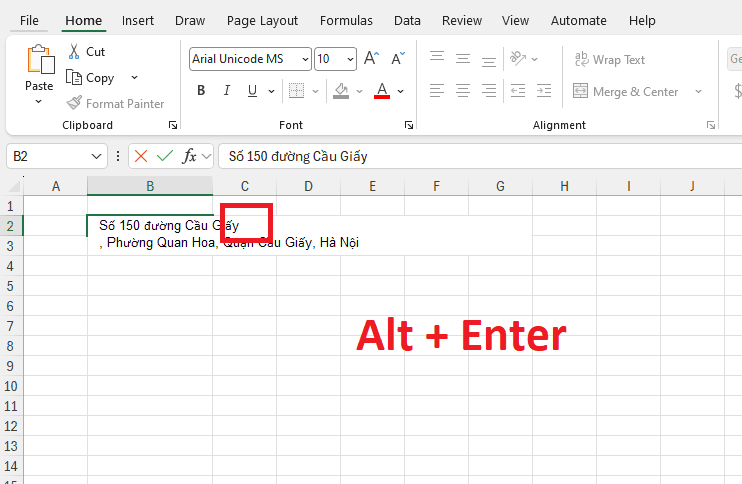 Xuống dòng trong ô Excel thủ công bằng phím tắt Alt + Enter