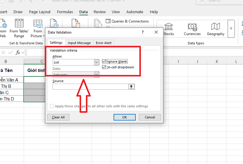Tạo Drop List trong Excel bằng việc nhập trực tiếp dữ liệu nguồn
