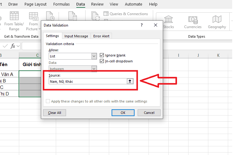 Tạo Drop List trong Excel bằng việc nhập trực tiếp dữ liệu nguồn