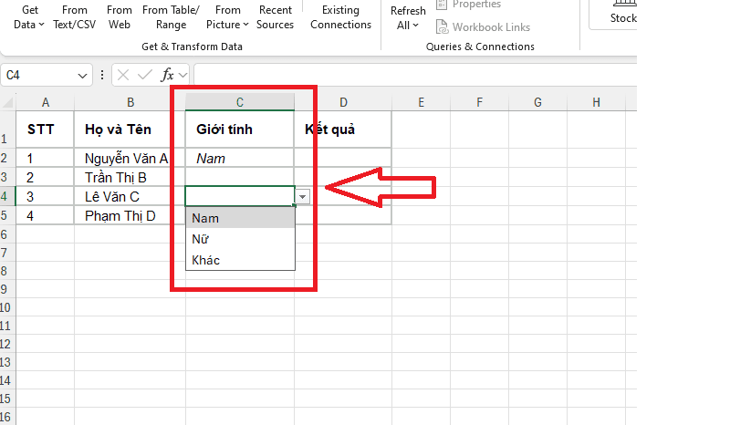 Tạo Drop List trong Excel bằng việc nhập trực tiếp dữ liệu nguồn