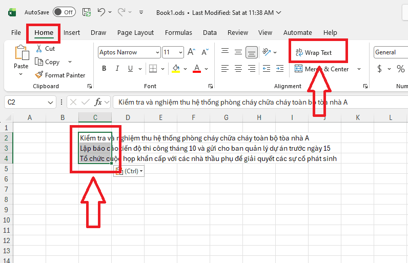 Xuống dòng trong ô Excel tự động bằng tính năng Wrap Text