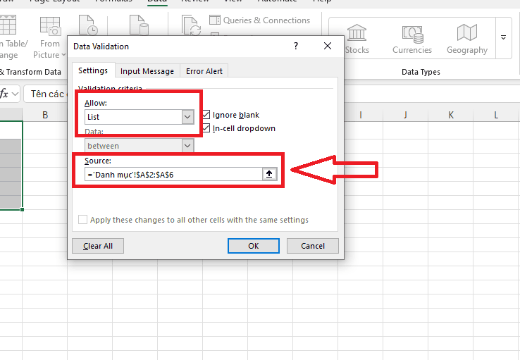 Tạo Drop List trong Excel từ một dãy ô có sẵn (Data Range)