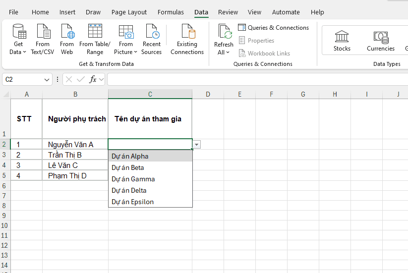 Tạo Drop List trong Excel từ một dãy ô có sẵn (Data Range)