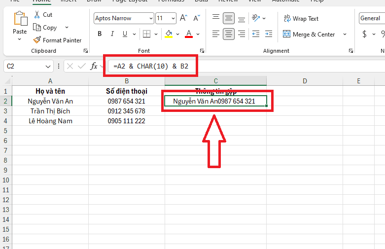 Xuống dòng trong ô Excel bằng hàm CHAR(10)