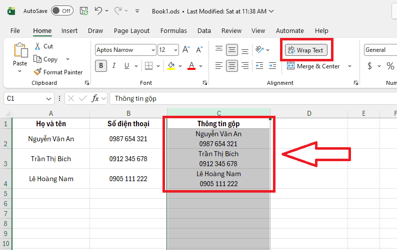 Xuống dòng trong ô Excel bằng hàm CHAR(10)