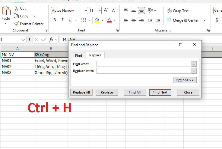 Xuống dòng trong ô Excel bằng tính năng Find & Replace