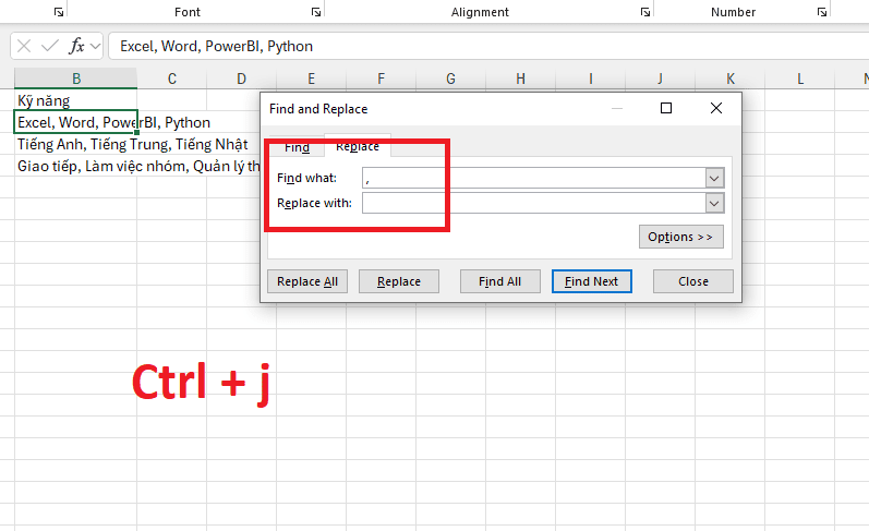 Xuống dòng trong ô Excel bằng tính năng Find & Replace