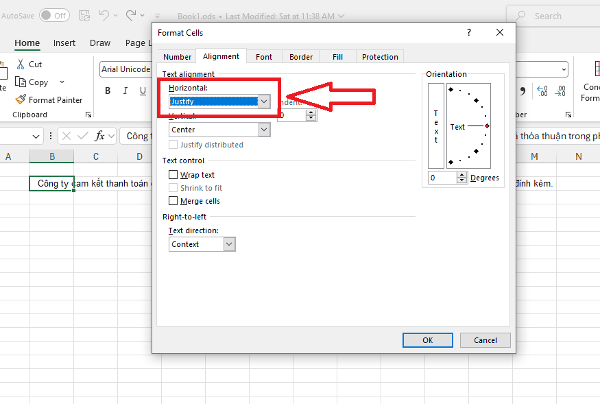 Xuống dòng trong ô Excel bằng tính năng Format Cells (Justify)