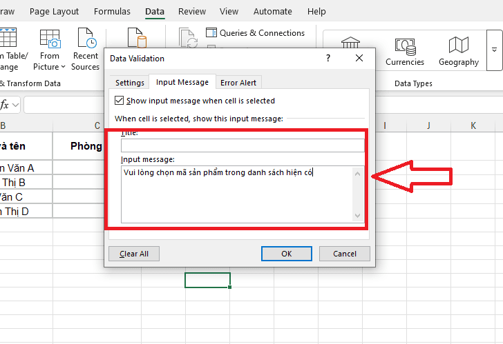 Tạo tin nhắn hướng dẫn (Input Message)