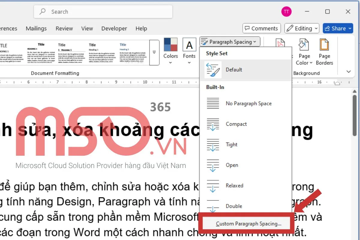 Cách chỉnh sửa khoảng cách giữa các đoạn trong Word bằng Design
