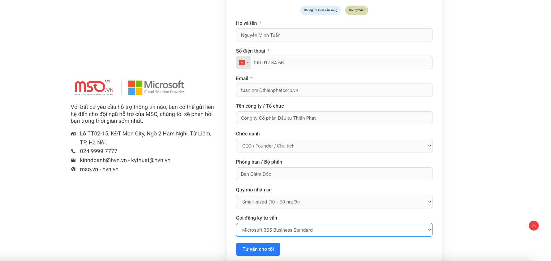 Giao diện đăng ký nhận tư vấn và báo giá dịch vụ Microsoft 365 Copilot tại MSO.