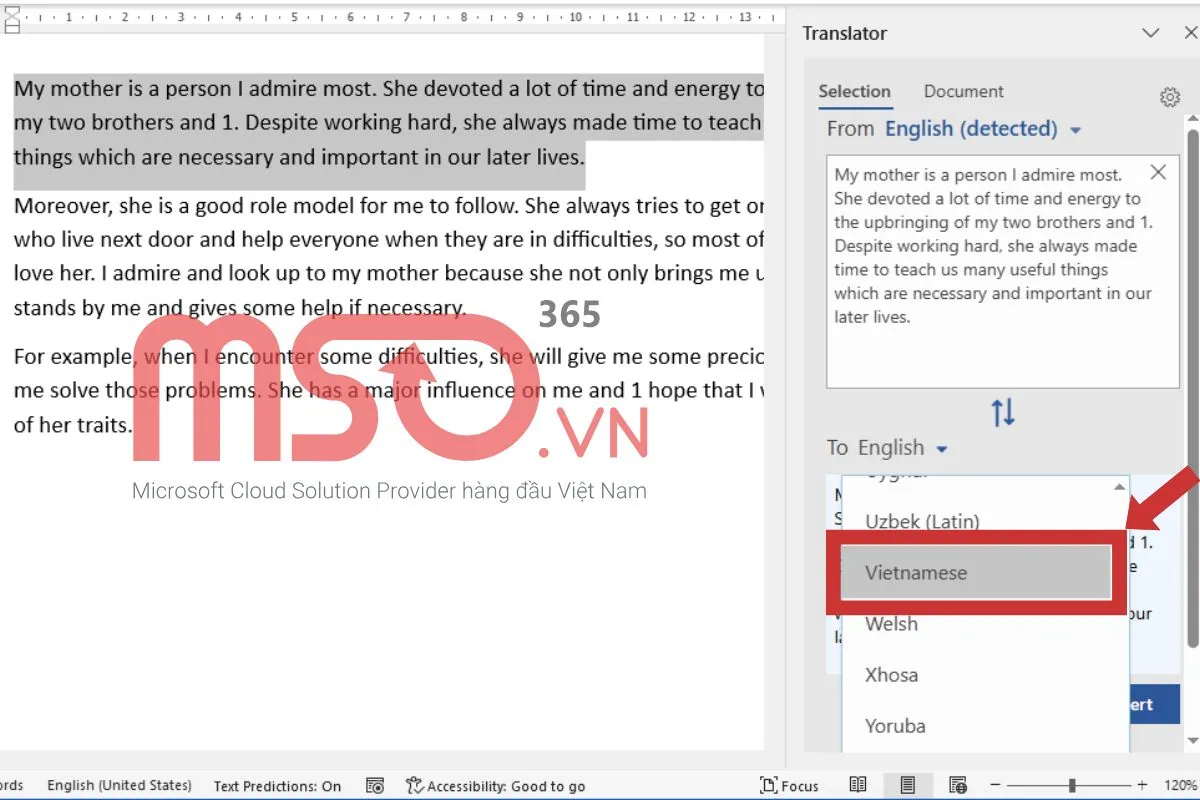 Hướng dẫn cách dịch văn bản trong Word với một đoạn cụ thể