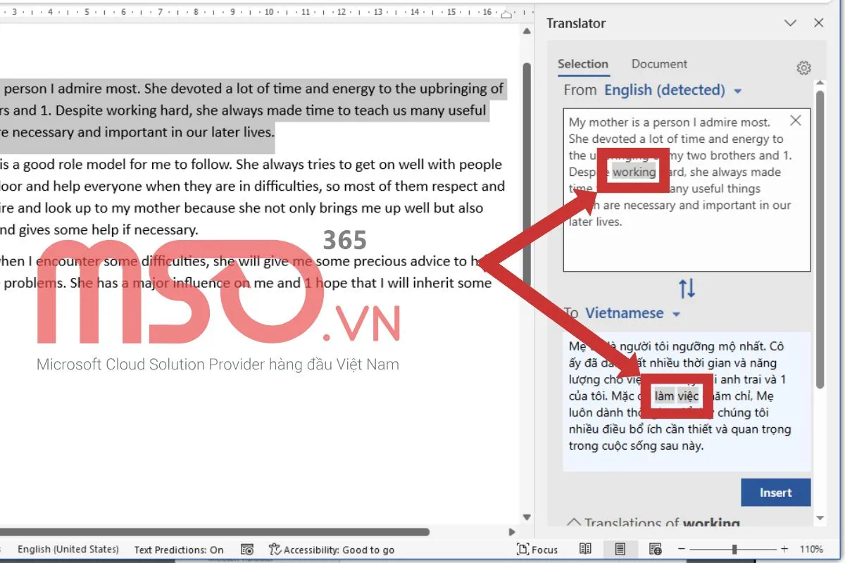 Hướng dẫn cách dịch văn bản trong Word với một đoạn cụ thể