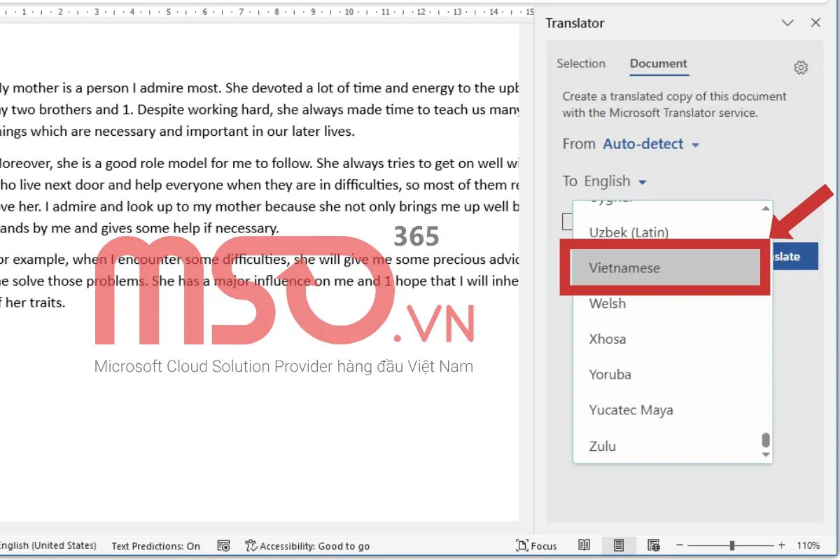 Hướng dẫn cách dịch văn bản trong Word với toàn bộ văn bản