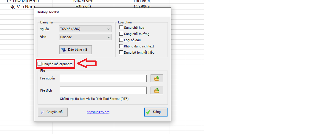 Bỏ tích ô "Chuyển mã clipboard" rồi tích lại