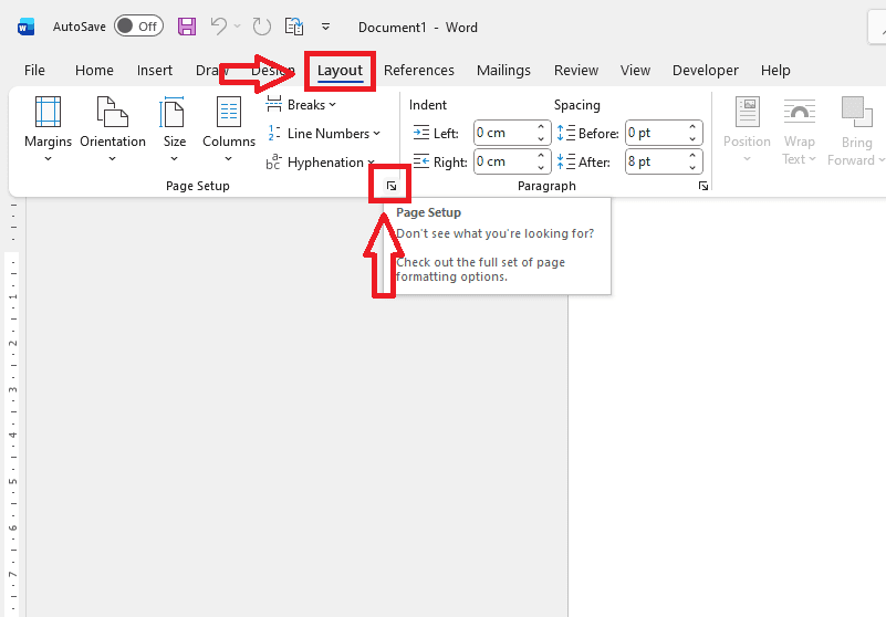 Mở hộp thoại Page Setup